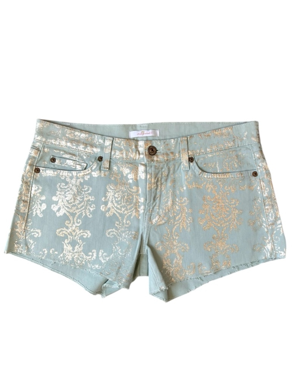 7 For All Mankind  Mint Brocade Gold Foil Denim Shorts